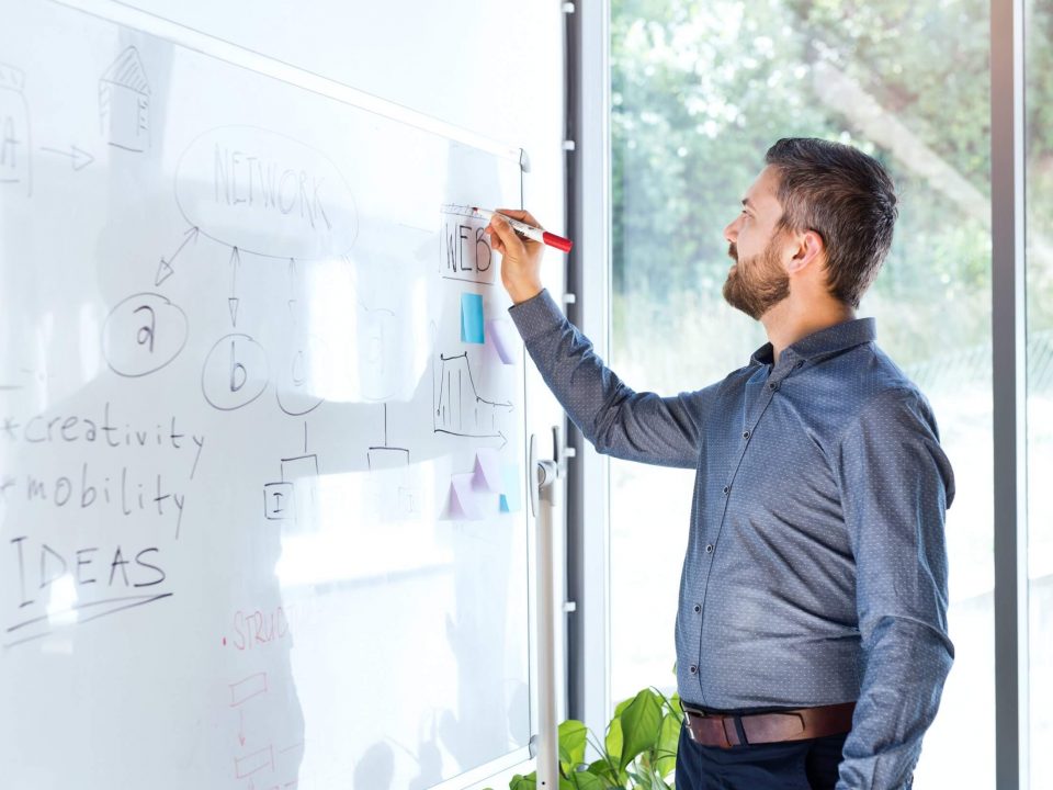 Homem desenhando organograma com metas em whiteboard